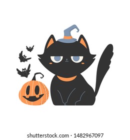 Cute black cats in witch hat with pumpkin and bat vector cartoon characters for Halloween isolated on white background.