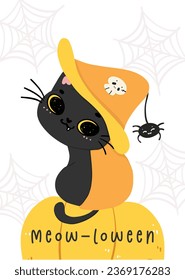 Cute black cats witch on pumpkins, happy Halloween humorous cartoon animal. Idea for Halloween greeting card, invitation and more.