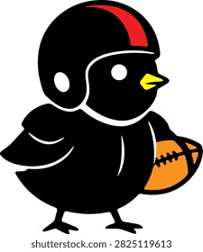 Cute black chick mascot wearing a football helmet and holding a ball for sports branding