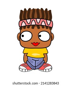 Cute black child cartoon with dreadlocks tied with a hair band. Rastafarian look, yellow t shirt, blue denim trousers, and a pair of beautiful pink sneakers. Vector illustration - Design, Art, Games