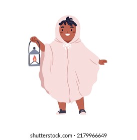 Cute black child disguised in carnival costume of ghost, holding lantern. Happy boy in Halloween cape with hood. Kid in party outfit. Flat graphic vector illustration isolated on white background