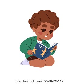 Cute black child holds paper book in hands. Happy little boy reading fairy tale, story. Funny kid learning literature. Preschool education. Flat isolated vector illustration on white background