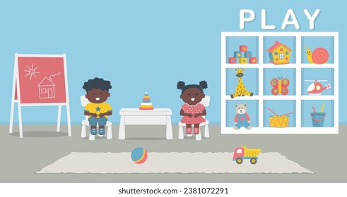 Cute black children sitting on chairs in the kids' room. Playroom interior. Kids' room in blue color. Cabinet with toys, blackboard, table, chairs, rug. Vector illustration