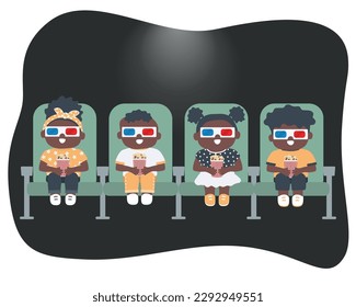 Cute black children watch movie in a cinema. Boys and girls with popcorn sit in green chairs. Vector illustration