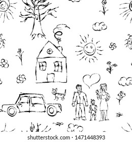 Cute black child's hand drawn objects like family, flowers, house, grass, tree, sun and cat, seamless pattern on white