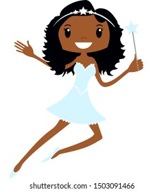 Cute black Christmas tree fairy with blue ballet dress, star tiara and wand flying, waving and smiling