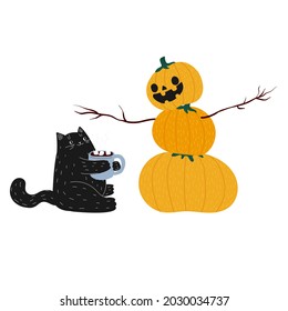 Cute black coffee halloween cat with pumpkin. Autumn snowman made of pumpkins. A kawaii animal. A kitten with a cup of hot coffee or cocoa. Stock vector doodle cartoon flat illustration on white.