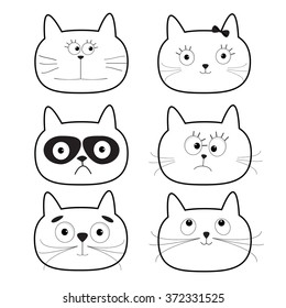 Cute black contour cat head set. Funny cartoon characters. White background. Isolated. Flat design. Vector illustration