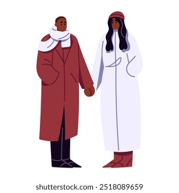 Casal preto bonito em outerwear mantém as mãos em encontro romântico no inverno. Namorado e namorada em casacos caminham ao ar livre juntos. Menino e menina se amam. Ilustração de vetor isolado plano em branco