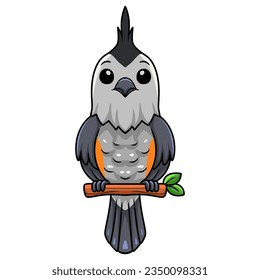 Cute black crested titmouse cartoon on tree branch