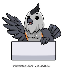 Cute black crested titmouse cartoon waving hand