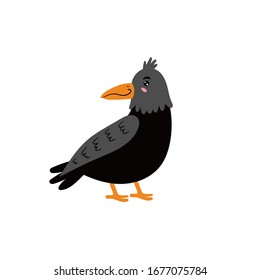 Cute black crow. The cheerful crow smiles. Children's bird character. Vector editable illustration