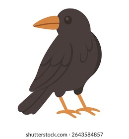 Cute black crow with orange beak. Cartoon vector illustration in flat spooky style.