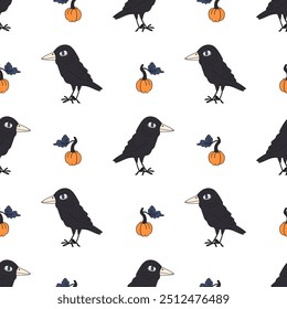 Cute black crows and pumpkins art. Ravens seamless pattern. Spooky Halloween illustration. Hand drawn vector on a white background.