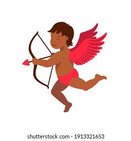 Cute Black cupid with bow and arrow - Love day greeting card. Vector illustration