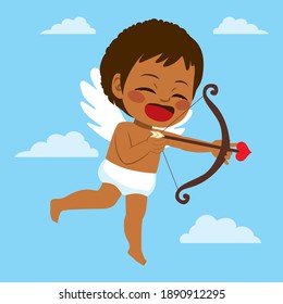 Cute Black Cupid Character Set  holding bow and heart arrow ready to aim and shoot