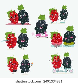 Cute black currant and red currant characters set with many expressions. Vector illustration flat design set.