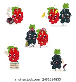 Cute black currant and red currant characters set with many expressions. Vector illustration flat design set.