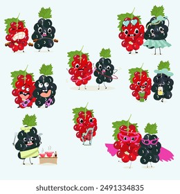 Cute black currant and red currant characters set with many expressions. Vector illustration flat design set.
