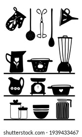 Cute black dishes. Hand-drawn vector stock illustration in doodle style.