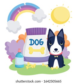 cute black dog sitting with bones food package rainbow sun scene pets vector illustration