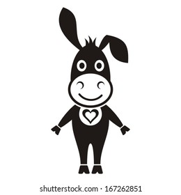 Cute black donkey icon with heart on white