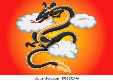 A cute black dragon is flying. Vector illustration