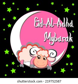 Cute black Eid-al-Adha Mubarak greeting card. Cartoon white sheep, Crescent moon, green stars. For muslim community festival.  Vector silhouette. For greeting, decoration, print, invitation.