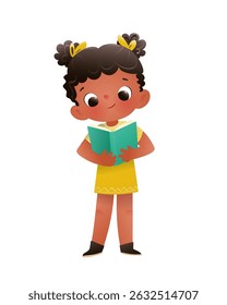Cute Black elementary or middle school African American Schoolgirl Reading Book. Black girl character studying a book. Kids learning and studying. Children back to school vector illustration clip art