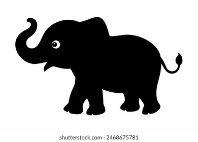 Lindo dibujo animado de elefante negro con orejas grandes y ojos anchos. Bebé animal, ilustración adorable, arte de los niños, concepto de diseño lúdico. Silueta negra aislada sobre fondo blanco