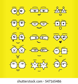 Cute black emoticons faces with different geometrical shapes eyeglasses icons set on yellow background