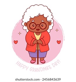 Cute black ethnic elderly woman grandmother. Card Happy grandma's day. Vector illustration. Positive holiday cartoon female character pensioner lady.