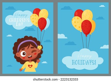 Cute black ethnic winking girl with balloons. Set holiday cards Happy Childrens Day. Vector illustration in cartoon style. Vertical template for greeting cards, design, banners, print