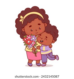 Cute black ethnic woman with happy her son and bouquet flowers. Vector illustration flat cartoon style. Positive festive female character for birthday, Women's Day, Mother's Day design.