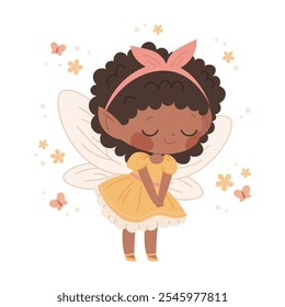 Linda niña de hadas negras con vestido amarillo y flores. Princesa negra de la muchacha en el fondo blanco. Carácter de Vector para niños