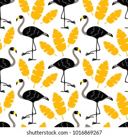Cute black flamingos and gold tropical leaves isolated on white background. Seamless pattern for poster, banner, fabric print, party invitation, wrapping. Stock vector illustration in Art Deco style