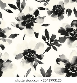 Cute black floral seamless watercolor pattern on white background. Flower vector illustration. Watercolor print in rustic vintage style, textile or wallpapers.