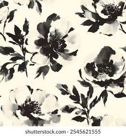 Lindo patrón de acuarela transparente floral negro sobre fondo crema. Ilustración vectorial de flores. Impresión de acuarela en estilo rústico vintage, textil o Fondos de pantalla.