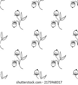 Cute black flowers. Floral seamless pattern. Pattern in monochrome colors with whimsical plants. 