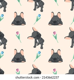 CUTE BLACK FRENCH BULLDOG WITH FLOWER FLAT SEAMLESS PATTERN DESIGN.