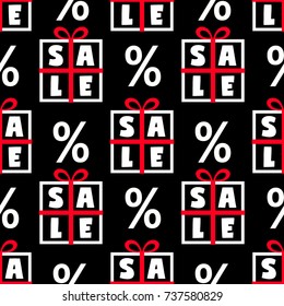 Cute Black Friday sale seamless pattern with gift boxes and discount percent signs in black, red and white colors