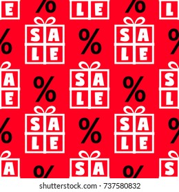 Cute Black Friday sale seamless pattern with gift boxes and discount percent signs in black, red and white colors