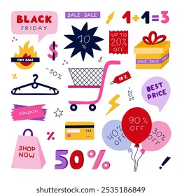 Viernes Negro lindo conjunto con ilustración de dibujos animados dibujados a mano. Precio de etiquetas, etiquetas promocionales, Carrito de compras y paquetes para super descuentos. Clipart fresco de moda para el negocio, parada, venta de internet, mercado.