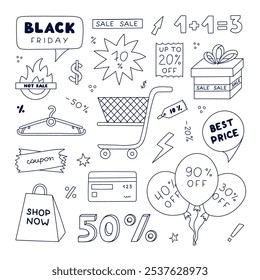 Bonito Black Friday conjunto com linha desenhada à mão rabiscar. Preço de etiquetas, etiquetas promocionais, carrinho de compras, pacotes para super descontos. Clipart preto e branco moda para negócios, parar, venda de internet, mercado