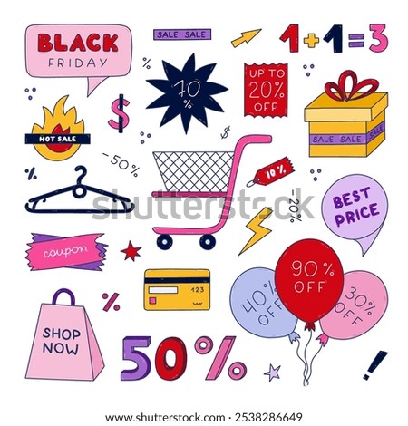 Cute Black Friday set with hand drawn line doodle. Price off labels, promo tags, shopping cart, packages for super discounts. Trendy colourful clipart for business, stop, internet sale, market