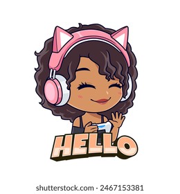 Cute black gamer girl waving hand cartoon logo mascot