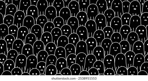 Lindo fantasma negro doodle patrón de fondo sin fisuras con diferentes expresiones faciales, sonrisa, triste, decepcionado, feliz, riendo, sorprendido. Para halloween, horror, envoltura de regalo