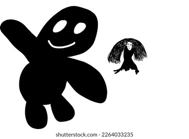 Cute black giant monster and long haired witch woman.
