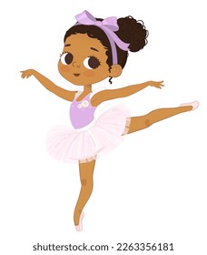 Cute Black Girl Ballerina Dancing. Little Ballerina in a Liliac Tutu Dress and a Big Bow in Her Hair. Vector, Adorable African American Girl in a violet dress. Isolated