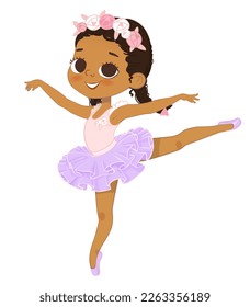 Cute Black Girl Ballerina Dancing. Little Ballerina in a Liliac Tutu Dress and Rose Flowers Wreath. Vector, Adorable African American Girl in a violet dress. Isolated